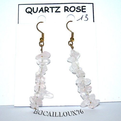 -dispo---quartz rose 13 boucle oreille chips - crochet dore.