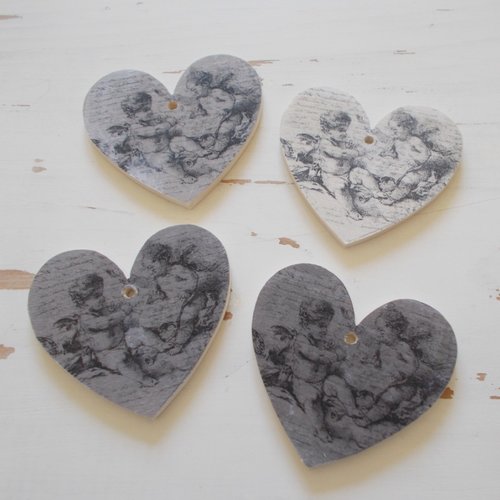Coeurs en bois décorés motif anges - coeurs gris - lot de 4 coeurs en bois