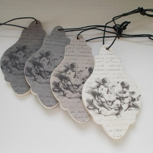 Pampilles motif anges - pampilles en bois  - lot de 4 pampilles décorées