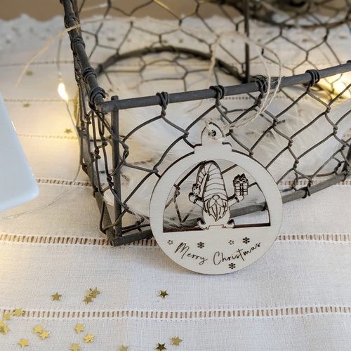 Boule de noël en bois décor lutin - déco pour sapin en bois
