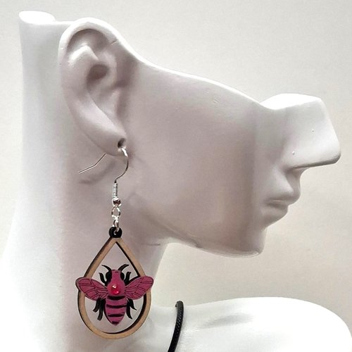 Boucles d'oreille en bois motif abeille