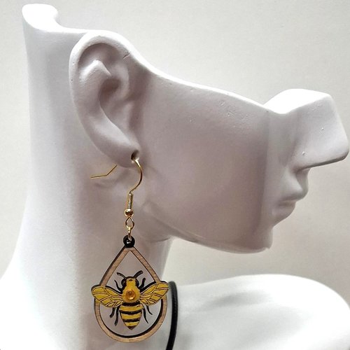 Boucles d'oreille en bois motif abeille