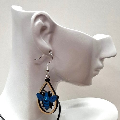 Boucles d'oreille en bois motif abeille