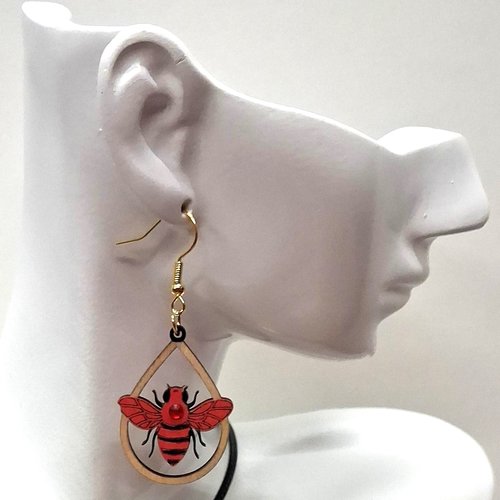 Boucles d'oreille en bois motif abeille