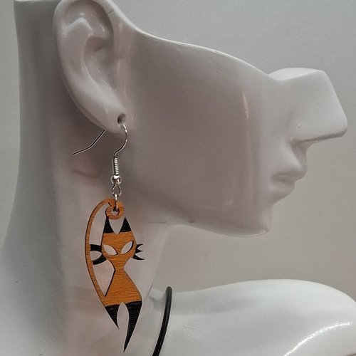 Boucles d'oreille en bois motif chat