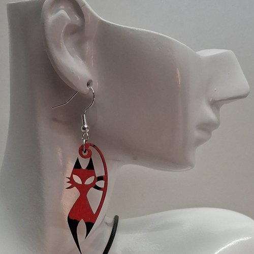 Boucles d'oreille en bois motif chat