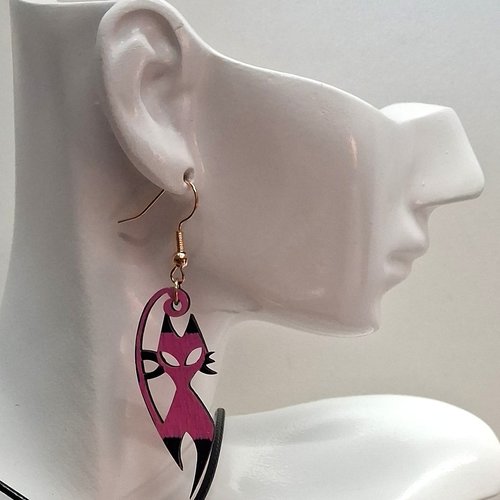 Boucles d'oreille en bois motif chat