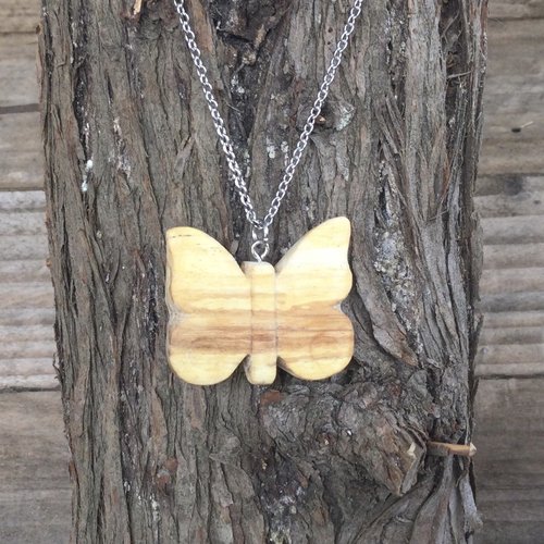 Collier en bois, forme papillon, chaîne en acier inoxydable