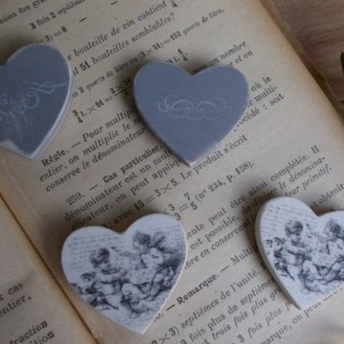 Magnets coeurs en bois décoré - coeurs angelots magnets