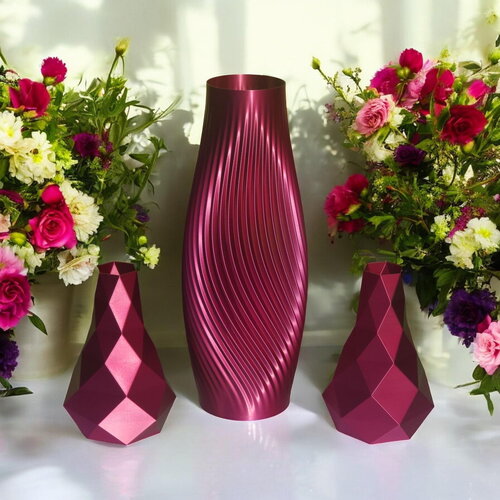 Coffret cadeau pour elle lot de 3 vases bordeaux au design moderne géométrique décoration d'intérieure contenant à fleurs