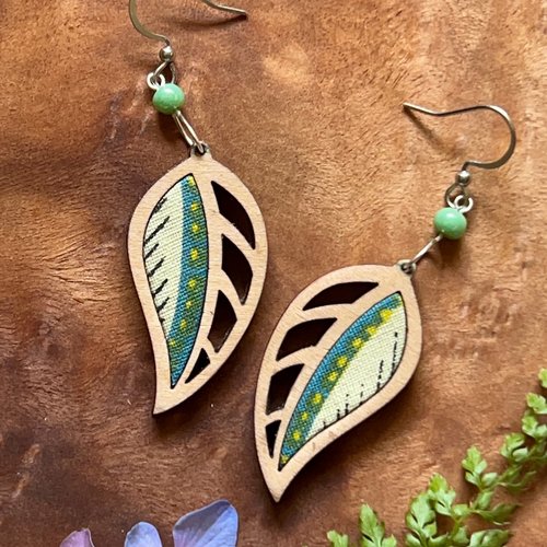 Boucles d'oreilles bois et tissu