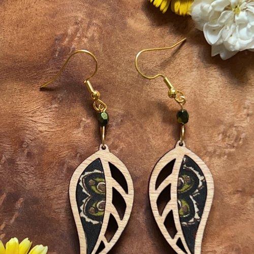 Boucles d'oreilles bois et tissu