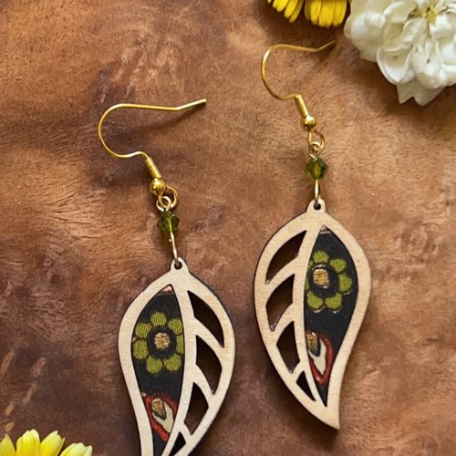 Boucles d'oreilles bois et tissu