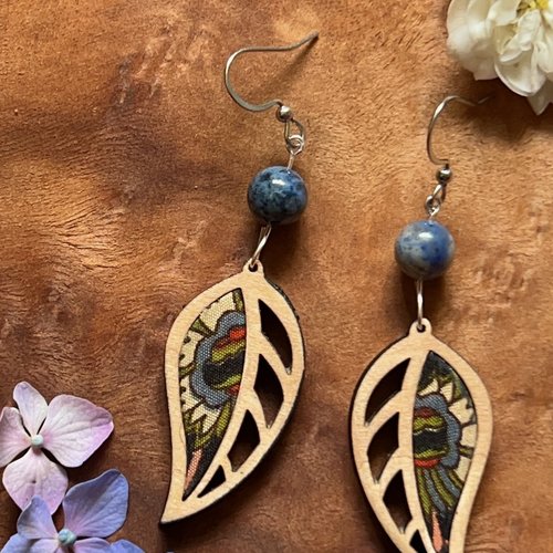 Boucles d'oreilles bois et tissu