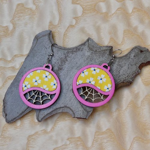 Boucles d'oreilles bois et tissu