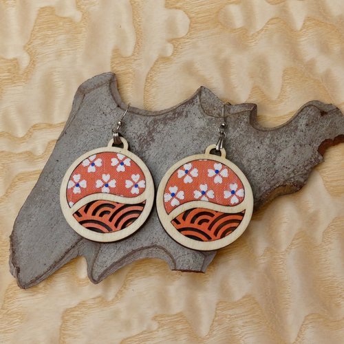 Boucles d'oreilles bois et tissu