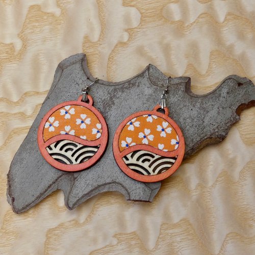 Boucles d'oreilles bois et tissu