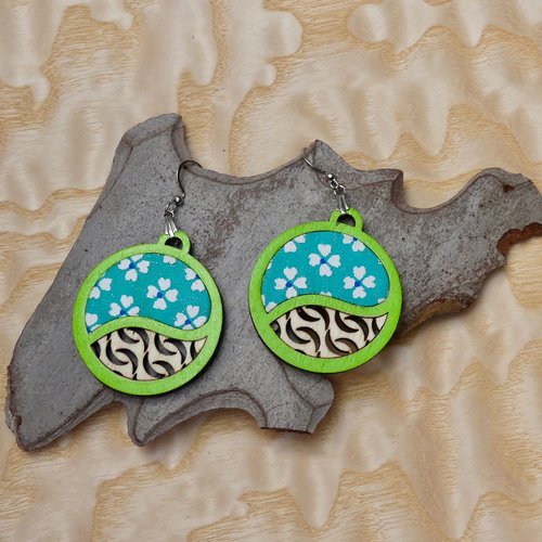 Boucles d'oreilles bois et tissu