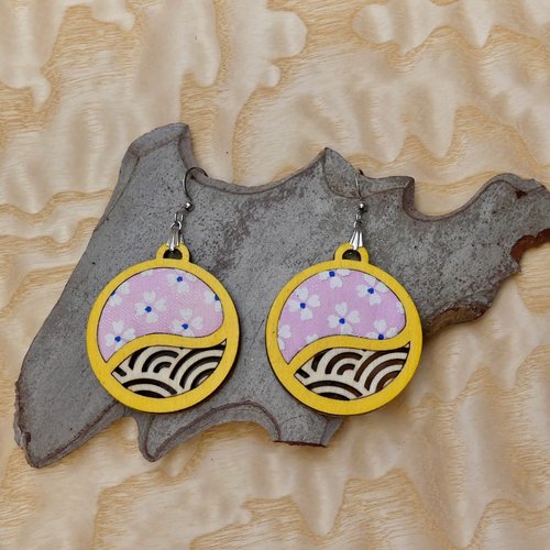 Boucles d'oreilles bois et tissu