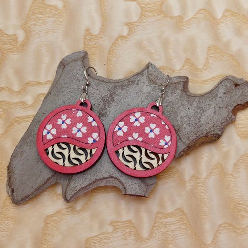 Boucles d'oreilles bois et tissu