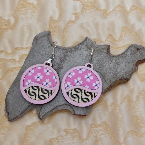 Boucles d'oreilles bois et tissu