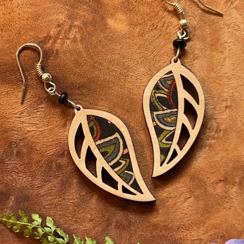 Boucles d'oreilles bois et tissu