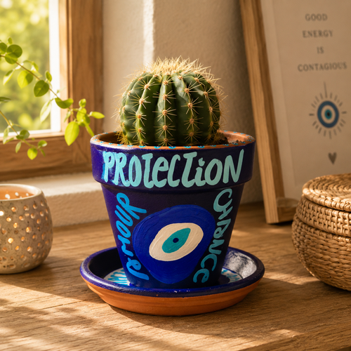 Cache-pot peint à la main - l'oeil bleu