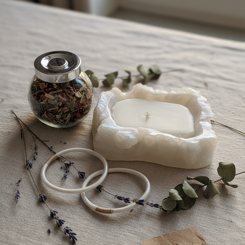 Coffret bien-être artisan – bougie époxy, tisane parfumée & bracelets bouddhistes – cadeau zen & relaxation