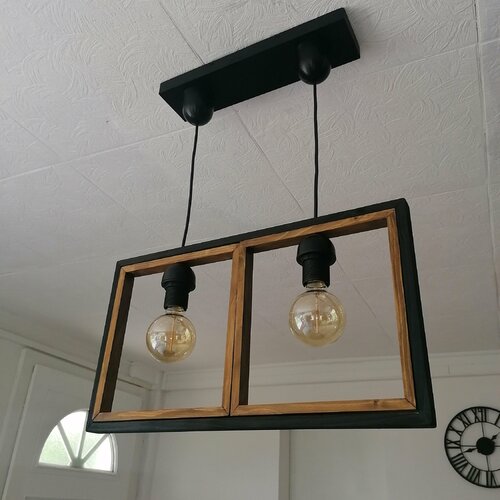 Suspension Industrielle En Bois Massif - Lustre Artisanal Bordeaux Art Nature - Noir