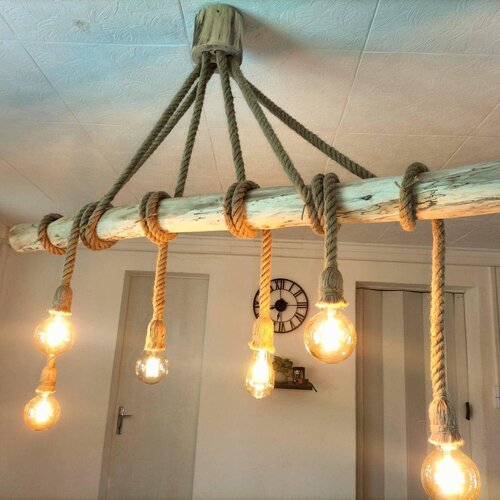 Lustre nature en bois flotté 6 lumières, suspension luminaire en bois flotté ,lampe suspendue contemporaine