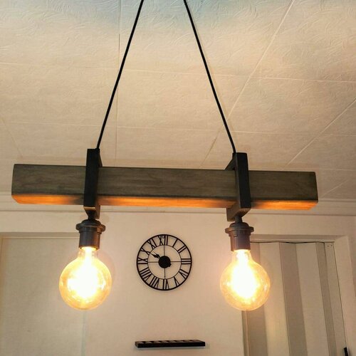 Lustre 2 lumière en bois, lampe de plafond, éclairage en bois artisanal