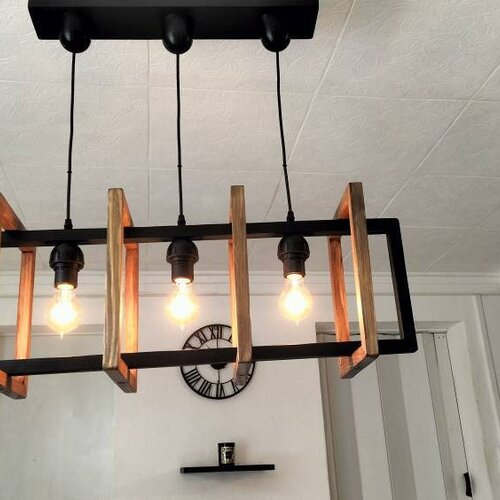 Lustre iris 3 lumières en bois, suspension luminaire en bois, lampe suspendue contemporaine