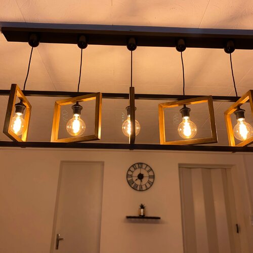 Lustre iris 5 lumières en bois longueur 150cm, suspension luminaire en bois, lampe  contemporaine, lampe de plafond