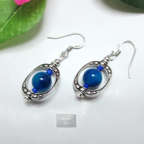 Boucles d'oreilles pierres naturelles agate bleue et acier