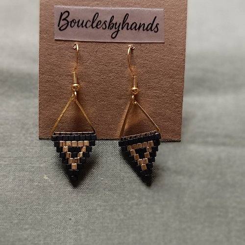 Boucles d'oreilles triangle : miyuki delica cube doré et noir
