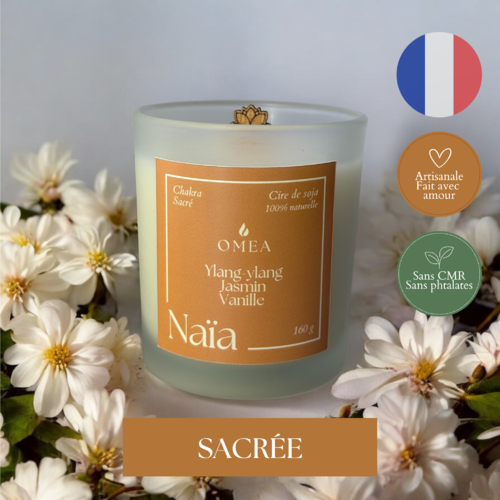 Bougie 160g naïa - parfum ylang-ylang, jasmin, vanille - équilibre chakra sacrée