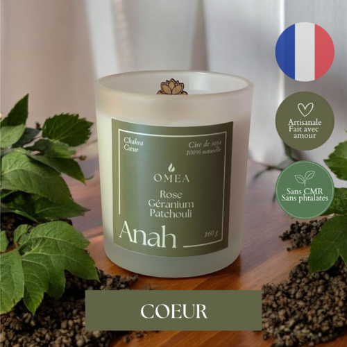 Bougie 160g anah - parfum rose, géranium, patchouli - équilibre chakra coeur