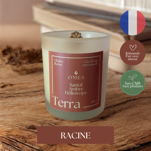 Bougie 160g terra - parfum bois de santal, ambre - équilibre chakra racine