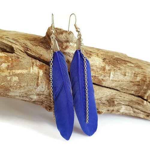 Boucles d'oreilles en plume bleue electrique et sa chaine