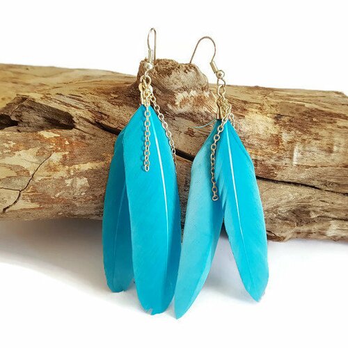 Boucles d'oreilles en plumes bleues et sa chaine