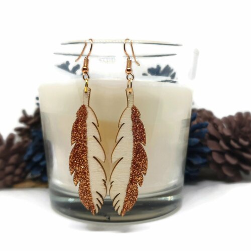 Boucles d'oreilles plumes en bois pailletées
