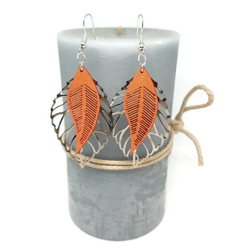 Boucles d'oreilles feuilles suédine corail