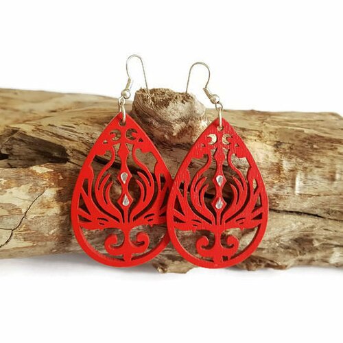 Boucles d'oreilles goutte en bois rouge