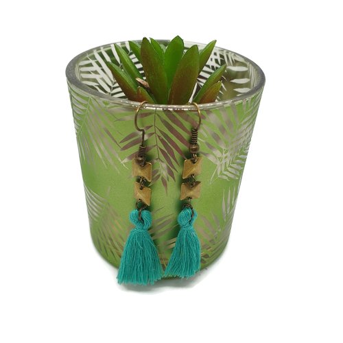 Boucles d"oreilles pendantes à pompons verts d'eau