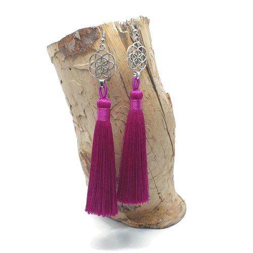 Boucles d'oreilles à grands pompons fuchsia