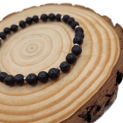 Bracelet pierre de lave noir et argenté