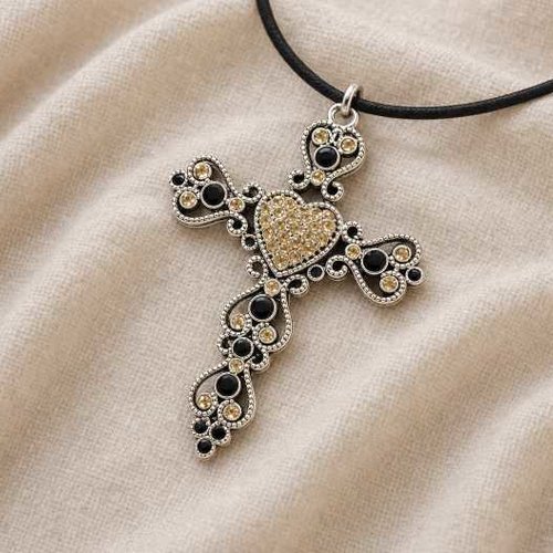 Collier mi-long croix arlésienne baroque noir et or – pendentif argenté strass & cabochons sur cordon noir