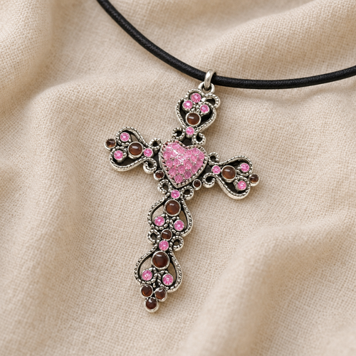 Collier mi-long croix arlésienne baroque rose – pendentif argenté strass & cabochons sur cordon noir