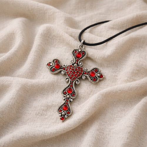 Collier mi-long croix arlésienne baroque rouge – pendentif argenté strass & cabochons sur cordon noir