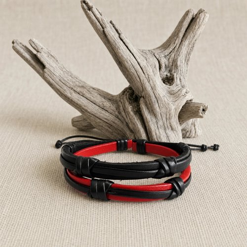 ​bracelet homme double rang en simili cuir noir et rouge, style surf et rock